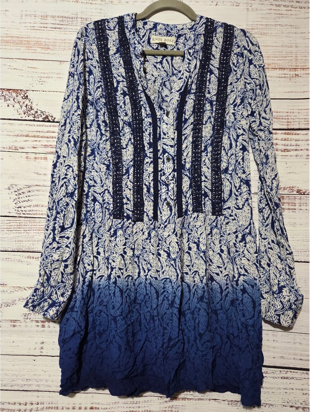 Knox Rose Medium Blue White Leaf Print Bohemian Tunic Dress Long Sleeve